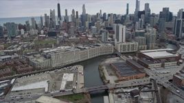 4K aerial stock footage of riverfront office buildings near the Chicago Tribune building in Chicago, Illinois Aerial Stock Footage | AX0167_0084