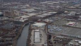 4K aerial stock footage of warehouse buildings beside Bubbly Creek, Southwest Side Chicago, Illinois Aerial Stock Footage | AX0168_0004