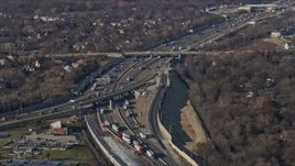 4K aerial stock footage of flying by heavy traffic on the Tri-State Tollway, Burr Ridge, Illinois Aerial Stock Footage | AX0169_0010