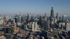 4K aerial stock footage of a wide view of Downtown Chicago skyscrapers, Illinois Aerial Stock Footage | AX0169_0024