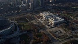 4K aerial stock footage fly away from Field Museum, reveal Soldier Field, Chicago, Illinois Aerial Stock Footage | AX0169_0040