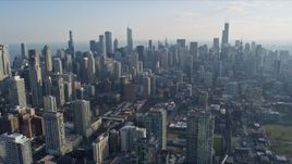 4K aerial stock footage of approaching the city's downtown skyscrapers from north of the city, Downtown Chicago, Illinois Aerial Stock Footage | AX0169_0049