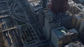 4K aerial stock footage of Metropolitan Tower by Grant Park, Downtown Chicago, Illinois Aerial Stock Footage | AX0169_0051