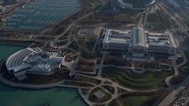 4K aerial stock footage approach Field Museum and Adler Planetarium near Soldier Field, Chicago, Illinois Aerial Stock Footage | AX0169_0052