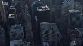 4K aerial stock footage of the 30 North LaSalle and 120 North LaSalle skyscrapers, Downtown Chicago, Illinois Aerial Stock Footage | AX0169_0057
