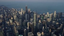 4K aerial stock footage skyscrapers and city buildings in the downtown area of the city, Downtown Chicago, Illinois Aerial Stock Footage | AX0169_0083