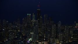 4K aerial stock footage of a view of skyscrapers at twilight in Downtown Chicago, Illinois Aerial Stock Footage | AX0170_0068