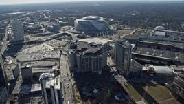 6.7K aerial stock footage orbit around State Farm Arena, CNN Center, and Omni Hotel in Downtown Atlanta, Georgia Aerial Stock Footage | AX0171_0065