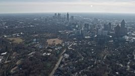 6.7K aerial stock footage of tilting from residential neighborhood to reveal Midtown and Downtown Atlanta, Georgia Aerial Stock Footage | AX0171_0097