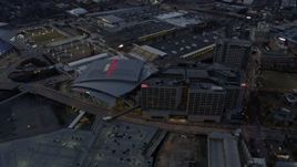 6.7K aerial stock footage orbit arena and CNN Center at sunset, reveal stadium in Atlanta, Georgia Aerial Stock Footage | AX0171_0190