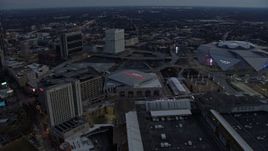 6.7K aerial stock footage of hotel and CNN Center beside arena and stadium in Downtown Atlanta, Georgia Aerial Stock Footage | AX0171_0192