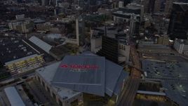 6.7K aerial stock footage orbit arena and CNN Center at sunset, Downtown Atlanta, Georgia Aerial Stock Footage | AX0171_0196