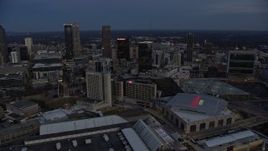 6.7K aerial stock footage of skyscrapers near arena and CNN Center at sunset, Downtown Atlanta, Georgia Aerial Stock Footage | AX0171_0197