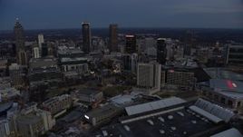 6.7K aerial stock footage of skyscrapers near CNN Center at sunset, Downtown Atlanta, Georgia Aerial Stock Footage | AX0171_0198