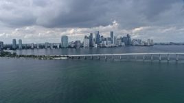 6.7K aerial stock footage flyby the Rickenbacker Causeway with a view of Downtown Miami skyline, Florida Aerial Stock Footage | AX0172_016