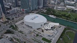 6.7K aerial stock footage approach and orbit the bayside arena, Downtown Miami, Florida Aerial Stock Footage | AX0172_081