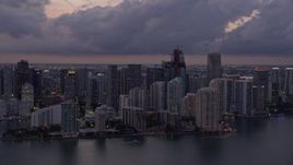 6.7K aerial stock footage of Brickell Key and Downtown Miami skyscrapers at twilight, Florida Aerial Stock Footage | AX0172_208