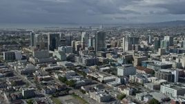 6K aerial stock footage of a view of downtown office buildings in Oakland, California Aerial Stock Footage | AX0173_0019