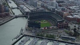 6K aerial stock footage flying by the baseball stadium in South of Market, San Francisco, California Aerial Stock Footage | AX0173_0036