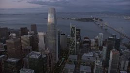 6K aerial stock footage orbit Salesforce Tower in Downtown San Francisco at twilight, California Aerial Stock Footage | AX0174_0101