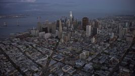 6K aerial stock footage approach Downtown San Francisco skyscrapers from Russian Hill at twilight, California Aerial Stock Footage | AX0174_0106