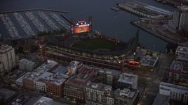 6K aerial stock footage of Oracle Park baseball stadium at twilight, California Aerial Stock Footage | AX0174_0109