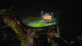 6K aerial stock footage of flying around Oracle Park stadium at night, San Francisco, California Aerial Stock Footage | AX0174_0143