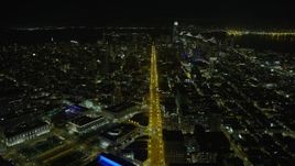 6K aerial stock footage follow Market Street toward Downtown San Francisco at night, California Aerial Stock Footage | AX0174_0151