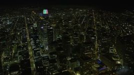 6K aerial stock footage of Salesforce Tower and skyscrapers in Downtown San Francisco at night, California Aerial Stock Footage | AX0174_0168