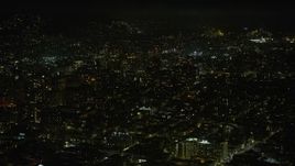 6K aerial stock footage of Nob Hill apartment and office buildings at night, San Francisco, California Aerial Stock Footage | AX0174_0169