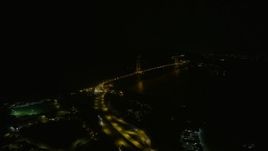 6K aerial stock footage follow 101 to approach the Golden Gate Bridge from Presidio at night, California Aerial Stock Footage | AX0174_0176