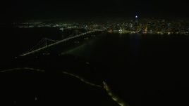6K aerial stock footage of a wide view of the Bay Bridge and downtown skyline at night, San Francisco, California Aerial Stock Footage | AX0174_0194