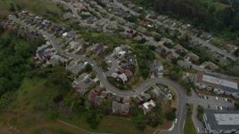 6K aerial stock footage flyby suburban homes in Mill Valley on a foggy day, California Aerial Stock Footage | AX0175_0061