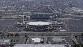 6K aerial stock footage of an arena and stadium in Oakland, California Aerial Stock Footage | AX0175_0090
