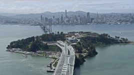 6K aerial stock footage of Downtown San Francisco skyline seen from Yerba Buena Island, California Aerial Stock Footage | AX0175_0106