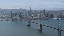 6K aerial stock footage of approaching Downtown San Francisco skyline seen from near the Bay Bridge, California Aerial Stock Footage | AX0175_0109