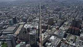 6K aerial stock footage follow Market Street through Downtown San Francisco to Civic Center, California Aerial Stock Footage | AX0175_0117