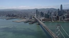 6K aerial stock footage a view of South of Market and Downtown San Francisco seen from Bay Bridge, California Aerial Stock Footage | AX0175_0122