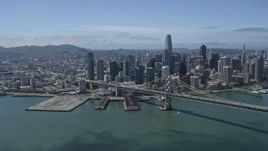 6K aerial stock footage a view of Downtown San Francisco and part of the Bay Bridge, California Aerial Stock Footage | AX0175_0123