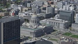 6K aerial stock footage of passing city hall in Civic Center, San Francisco, California Aerial Stock Footage | AX0175_0138