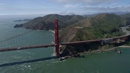 6K aerial stock footage of circling one of the towers on the Golden Gate Bridge, San Francisco, California Aerial Stock Footage | AX0175_0170