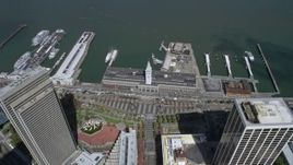 6K aerial stock footage of tilting to a bird's eye view of the Ferry Building in downtown, San Francisco, California Aerial Stock Footage | AX0175_0201
