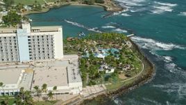 4.8K aerial stock footage of Oceanside Caribbean Resort Hotel and Pool Area, San Juan Puerto Rico Aerial Stock Footage | AX101_004E