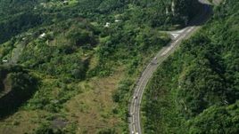 4.8K aerial stock footage of a Highway winding through lush green forests, Karst Forest, Puerto Rico Aerial Stock Footage | AX101_073