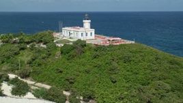 4.8K aerial stock footage of the Arecibo Lighthouse along the coast and clear blue Caribbean waters, Puerto Rico Aerial Stock Footage | AX101_145E