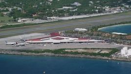 4.8K aerial stock footage of the Main terminal at Cyril E King Airport, St. Thomas  Aerial Stock Footage | AX102_196