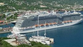4.8K aerial stock footage fly over coastal hill, reveal docked cruise ship in a coastal town, Charlotte Amalie, St. Thomas Aerial Stock Footage | AX102_201E