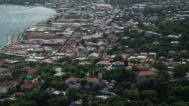 4.8K aerial stock footage of a Coastal town and Blackbeard's Castle, Charlotte Amalie  Aerial Stock Footage | AX102_216