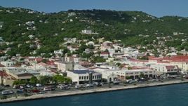 4.8K aerial stock footage of coastal buildings and hillside homes, Charlotte Amalie, St Thomas Aerial Stock Footage | AX102_227E