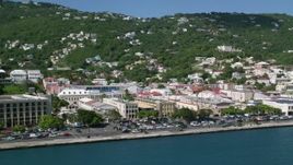 4.8K aerial stock footage of Buildings along the shore of a coastal town, Charlotte Amalie, St Thomas  Aerial Stock Footage | AX102_228
